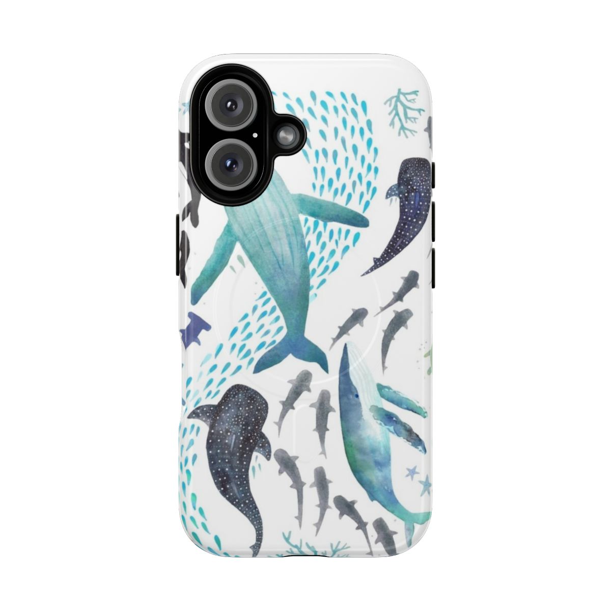 Vibrant watercolor design featuring sharks, whales, orcas, and sea turtles on a phone case