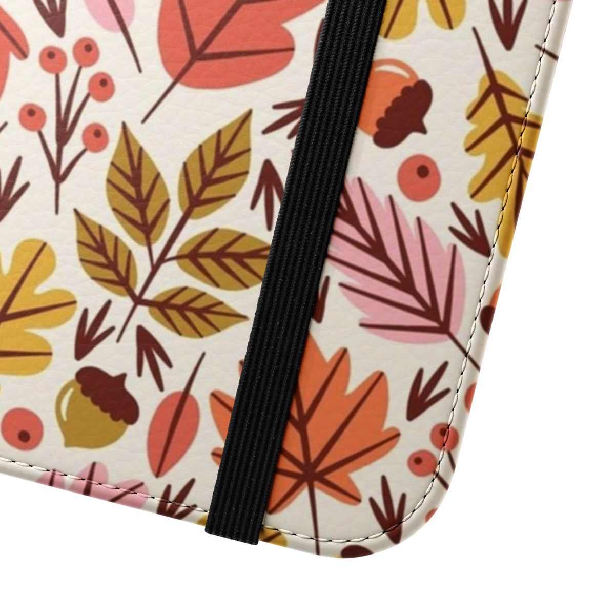 A phone case featuring a design of colorful autumn leaves and acorns against a pink and orange background. - Close Up