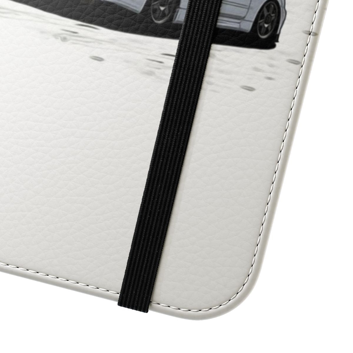 Skyline R34 GTR-inspired flip cover phone case featuring a cherry blossom design - Close Up