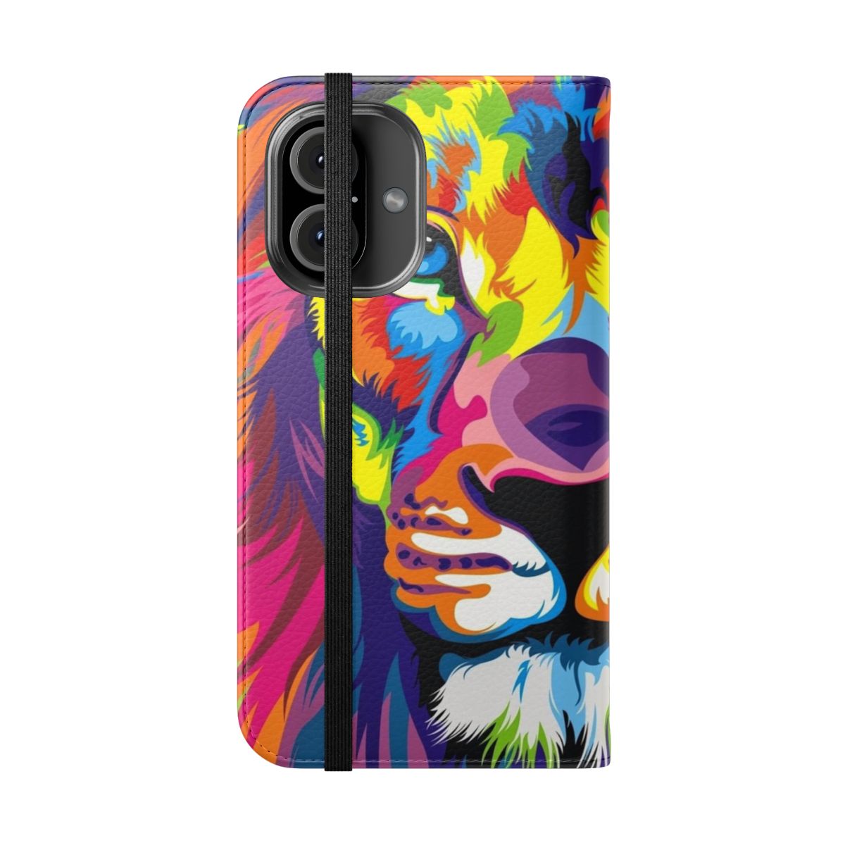 Colorful lion-themed flip cover phone case - Folded Front