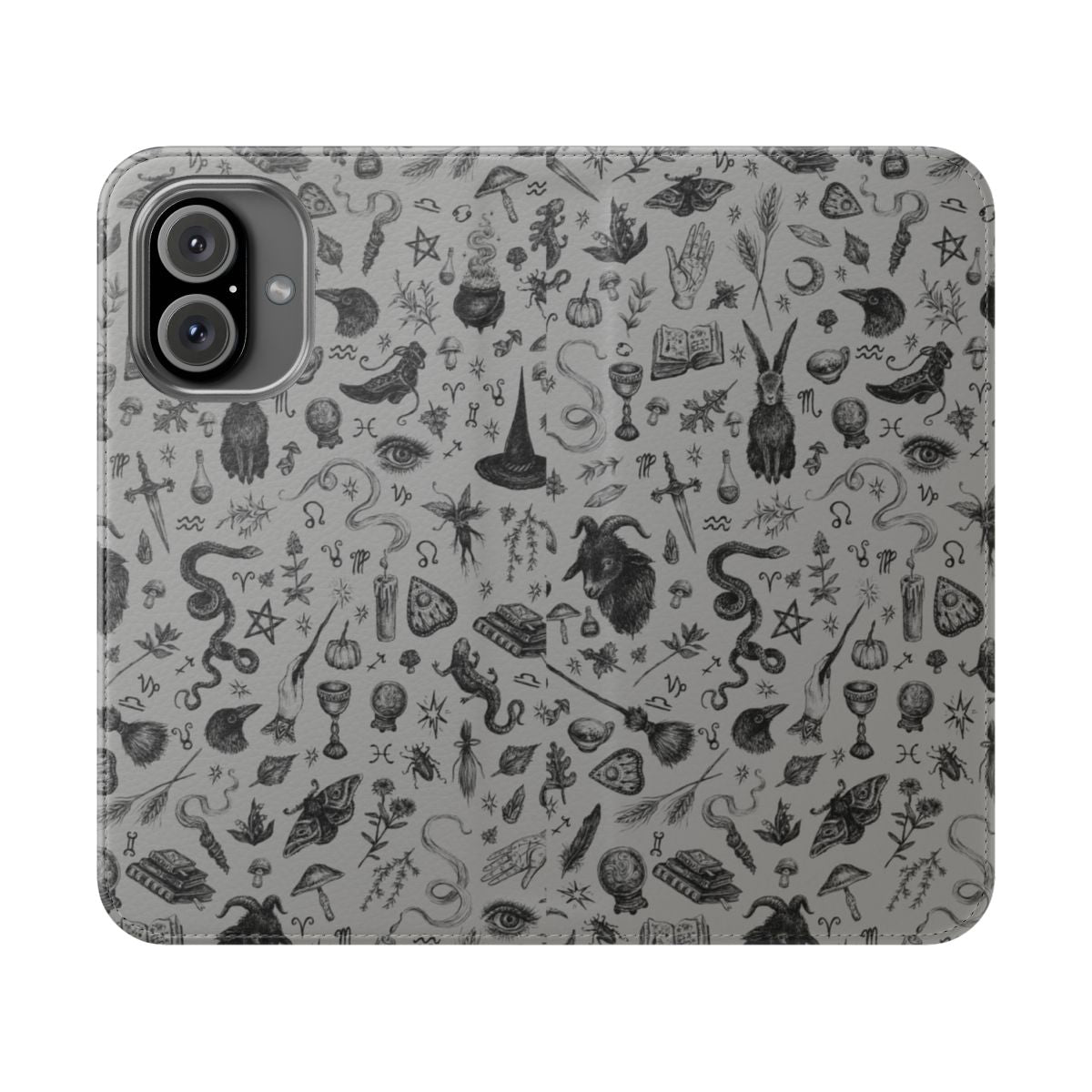 Flip cover phone case featuring a stylized witch, rabbit, snake, and crow in an autumn-inspired design