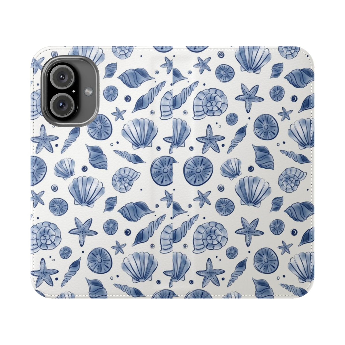 Flip cover phone case with a vibrant blue and white seashell and marine life pattern design.