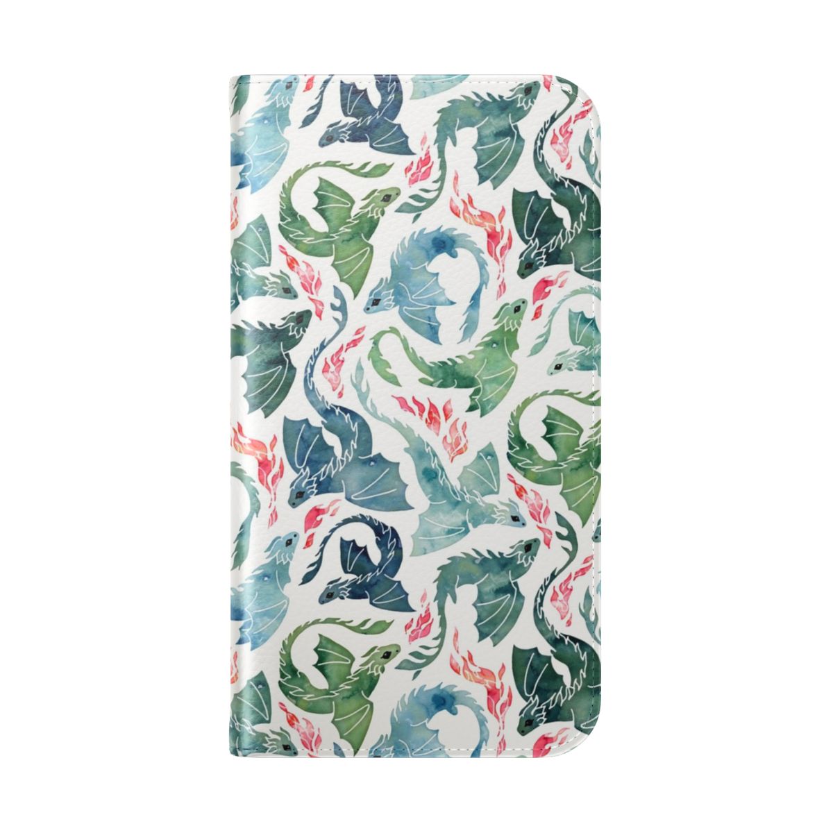 A vibrant blue and green watercolor phone case featuring a mystical, fire-breathing dragon design. - Folded Back