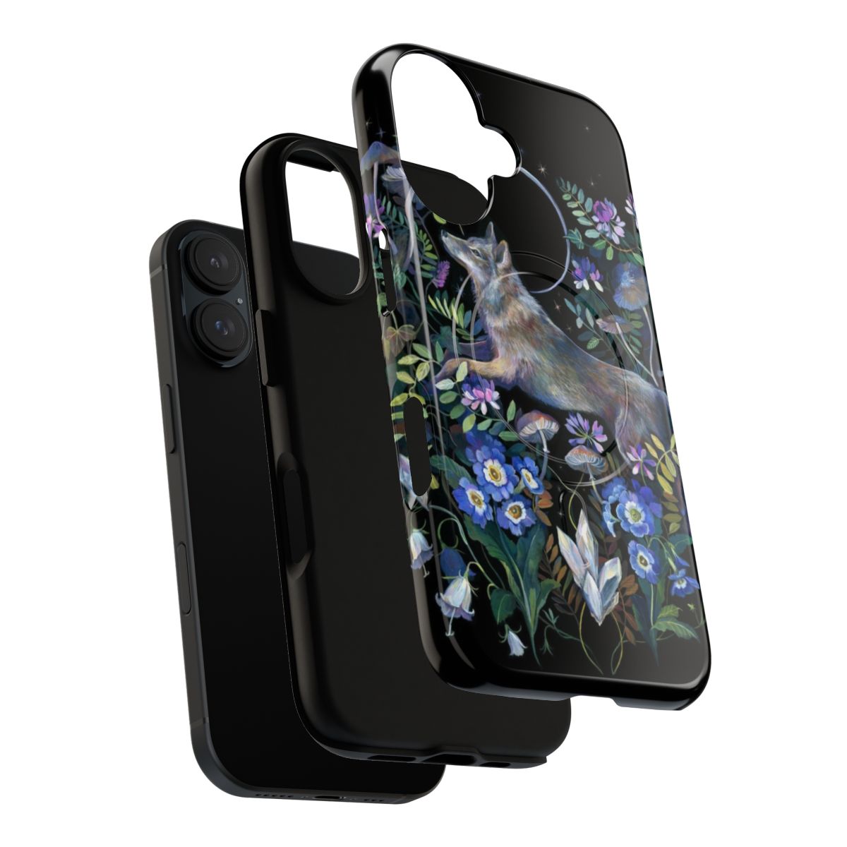 Close-up of a detailed moon wolf phone case with a mystical, nature-inspired design. - Layers