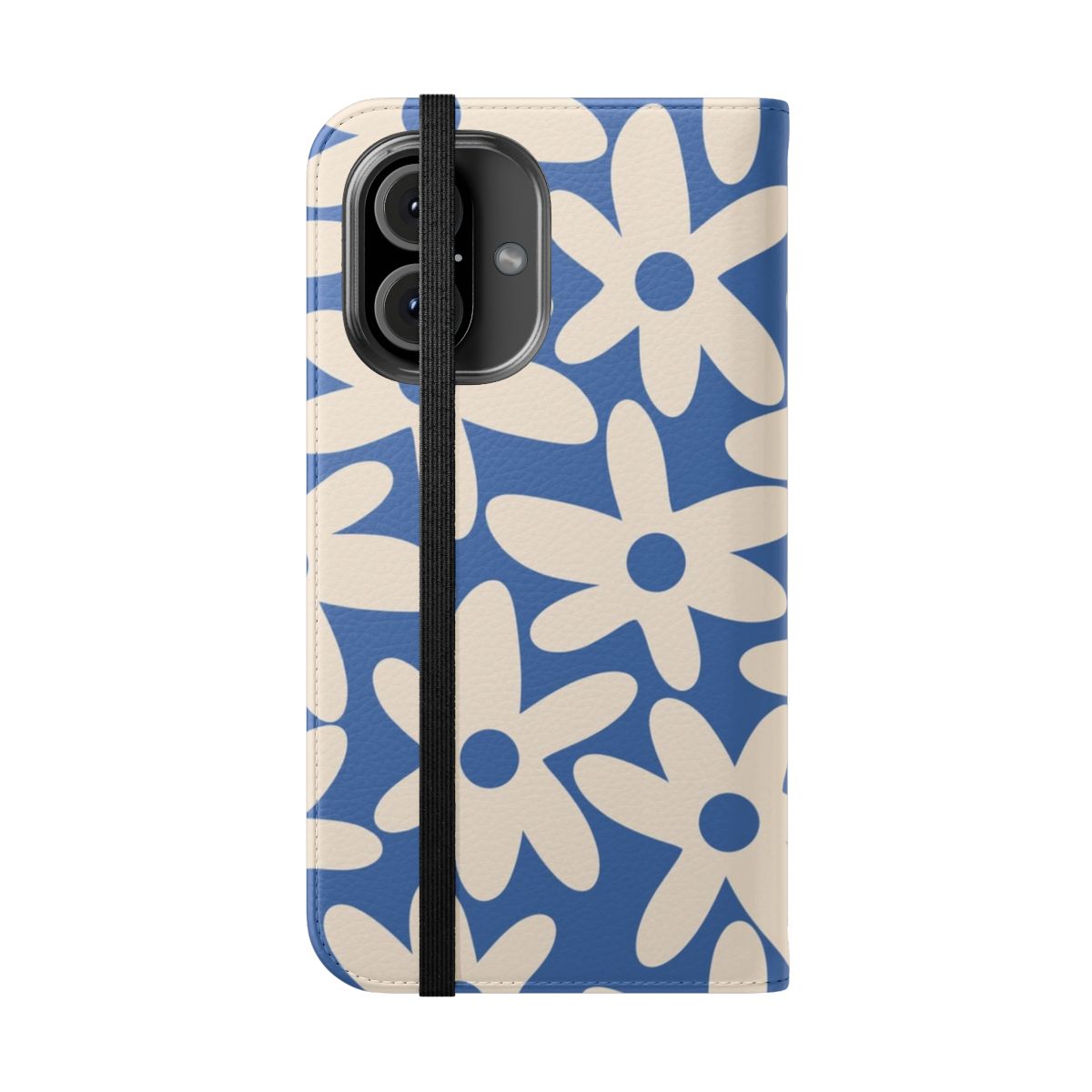 Retro floral pattern phone case in a soft blue color with a cheerful, whimsical design. - Folded Front