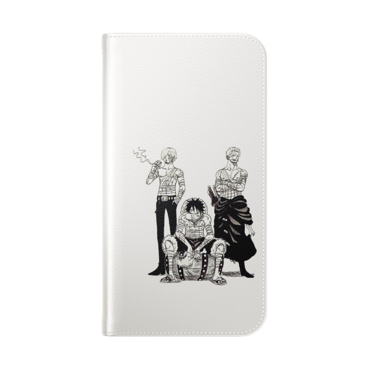 Anime-inspired phone case featuring the Mugiwara Trio of Luffy, Zoro, and Sanji from the popular manga and anime series One Piece. - Folded Back