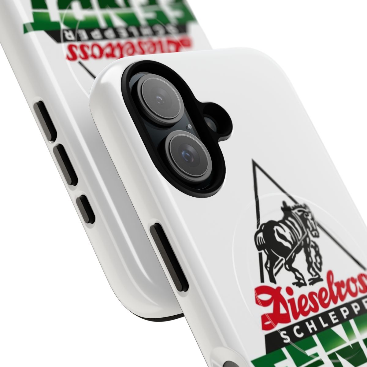 Tough phone case featuring a design inspired by German Fendt diesel tractors - Detail