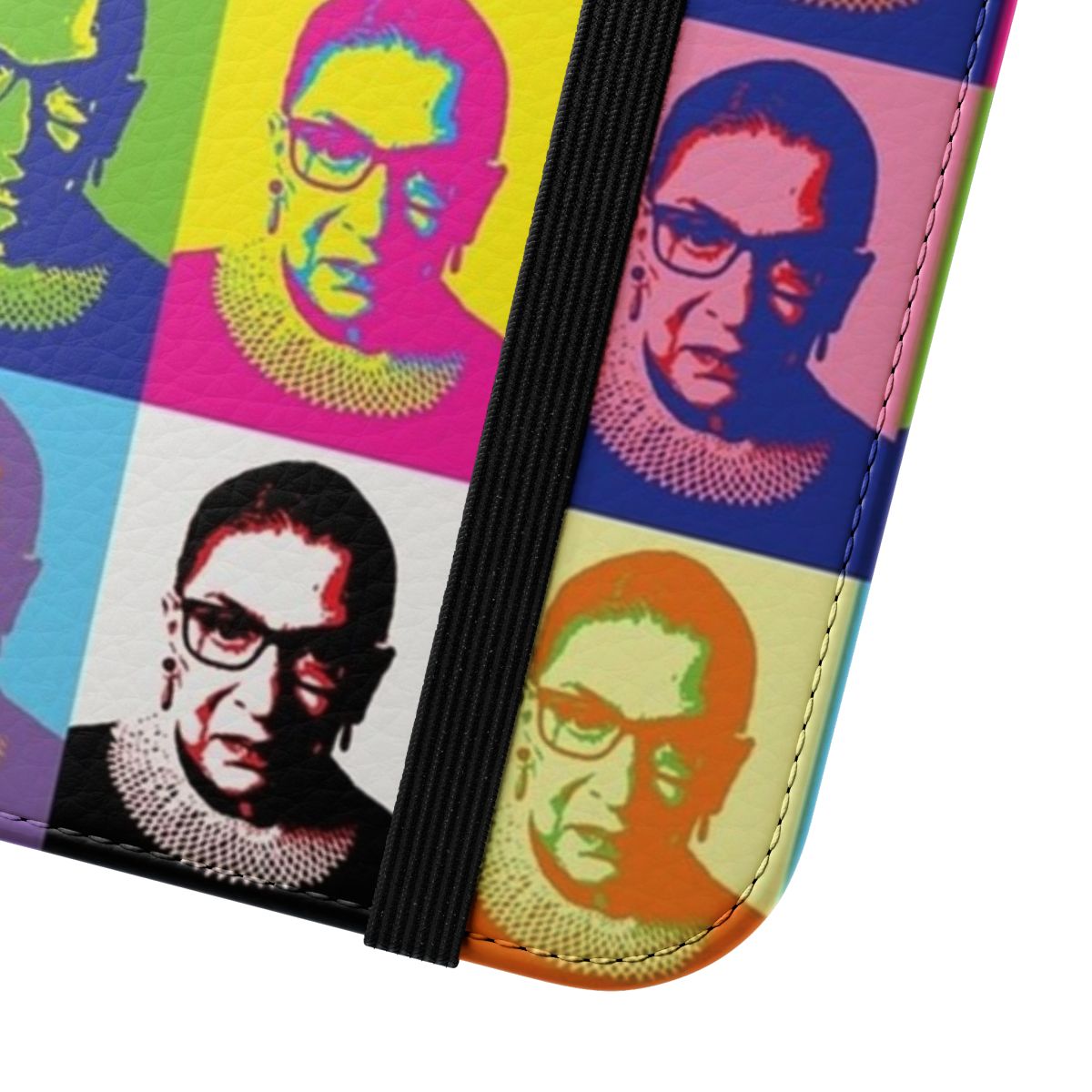 Stylish phone case featuring a vibrant pop art design of Ruth Bader Ginsburg, the pioneering Supreme Court Justice and feminist icon. - Close Up