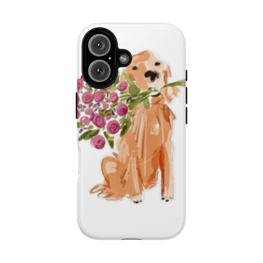 Charming image of a golden retriever surrounded by a bouquet of flowers on a phone case