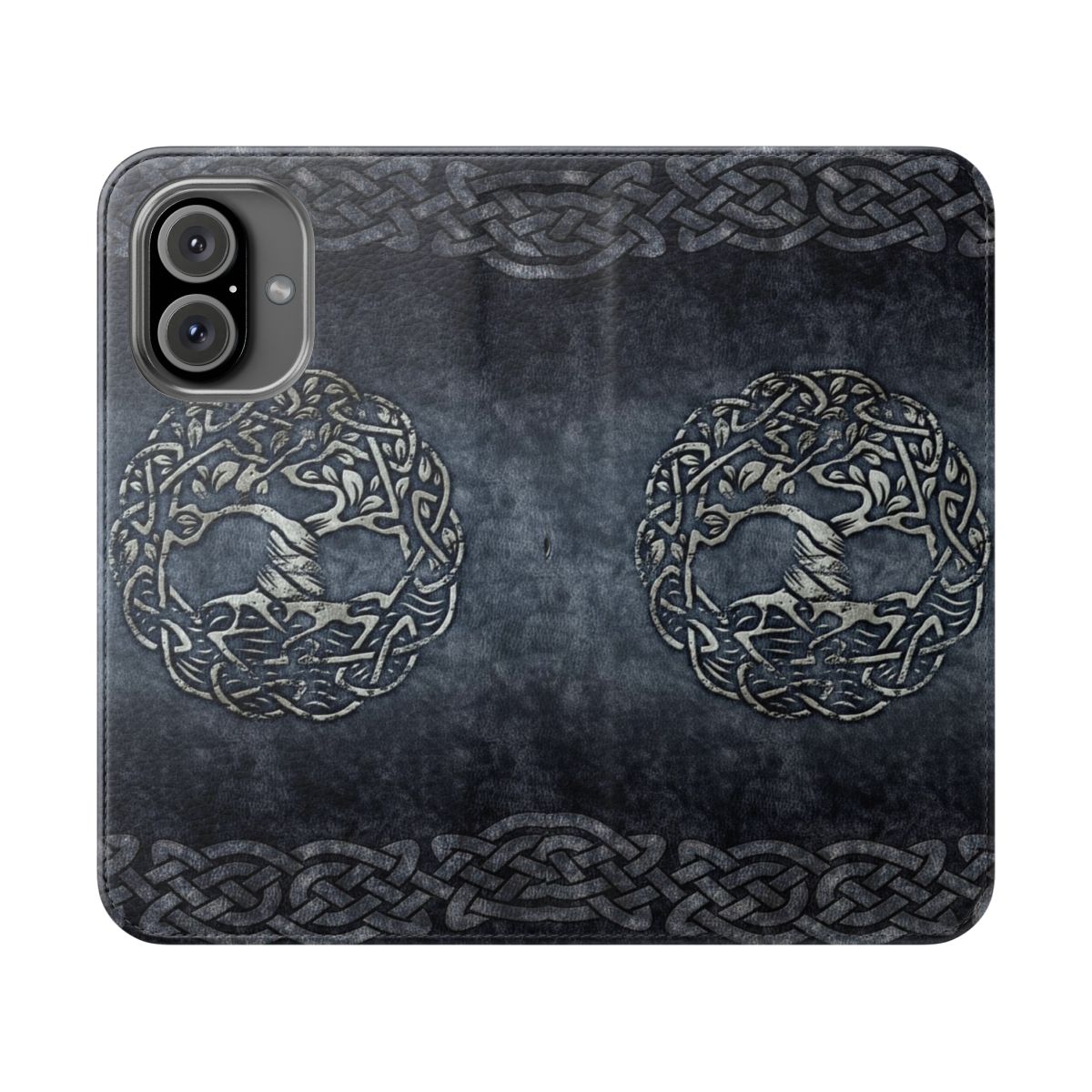 A grey leather phone case featuring a celtic tree of life design.