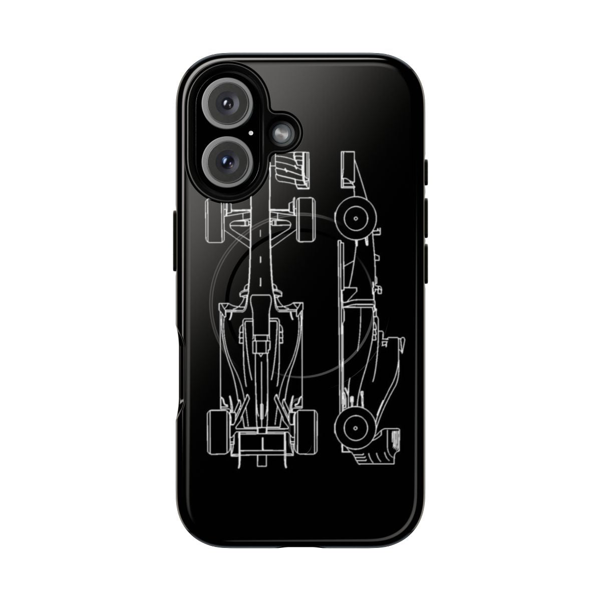 Durable phone case with a magnetic design featuring a Formula 1 race car graphic.