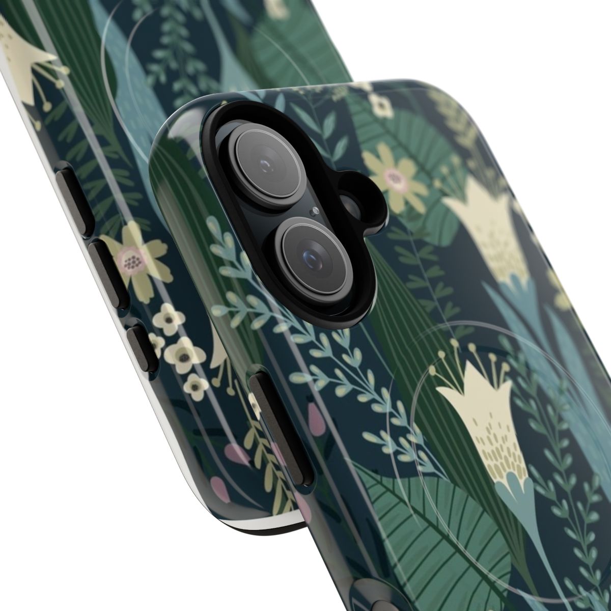 Magnetic phone case featuring a vibrant evening lily and wildflower pattern in a mid-century inspired style. - Detail