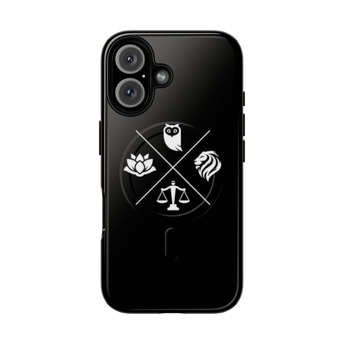 Stoic-inspired magnetic tough phone case featuring stoic virtues of wisdom, temperance, justice, and courage.