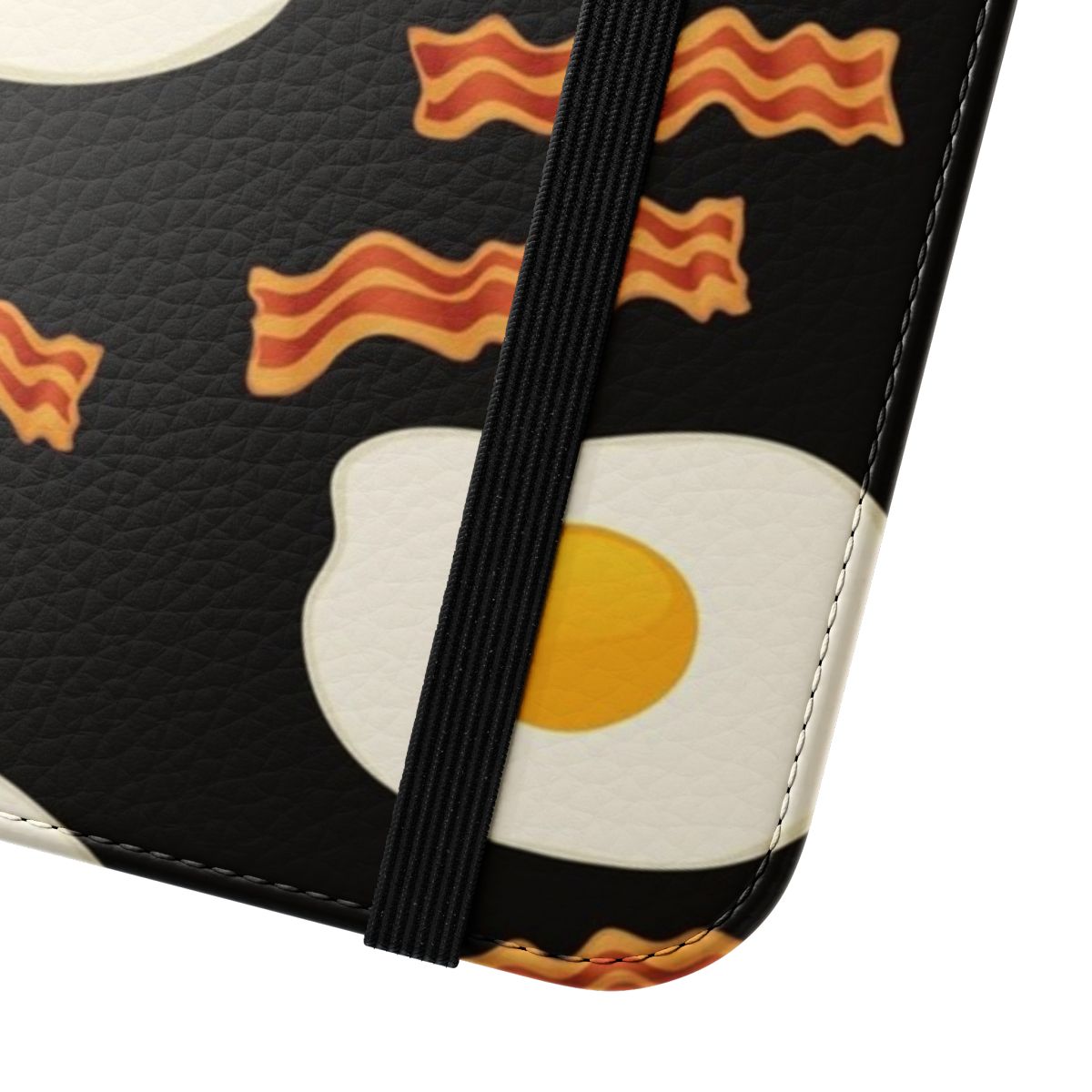 Breakfast-themed flip cover phone case featuring bacon and fried eggs - Close Up