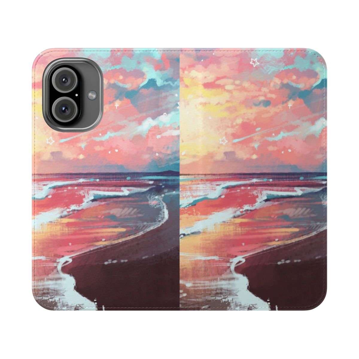 Flip phone case featuring a calming seascape with ocean waves and a blue-teal color palette