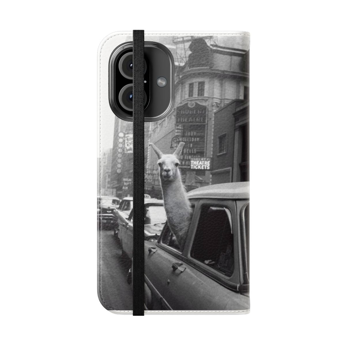 Black and white llama image on a smartphone flip cover case - Folded Front