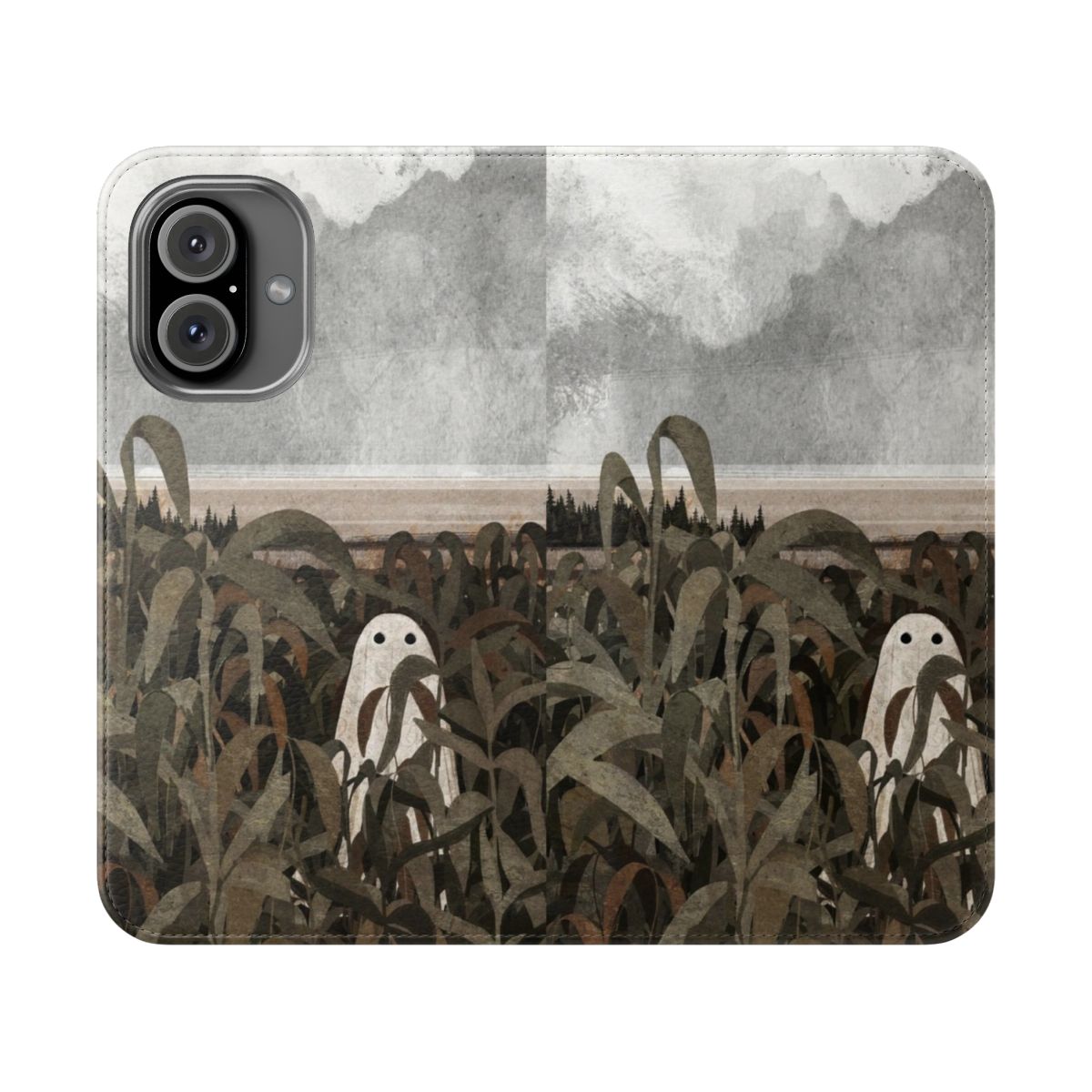 Flip cover phone case with a vintage-inspired spooky cornfield landscape design