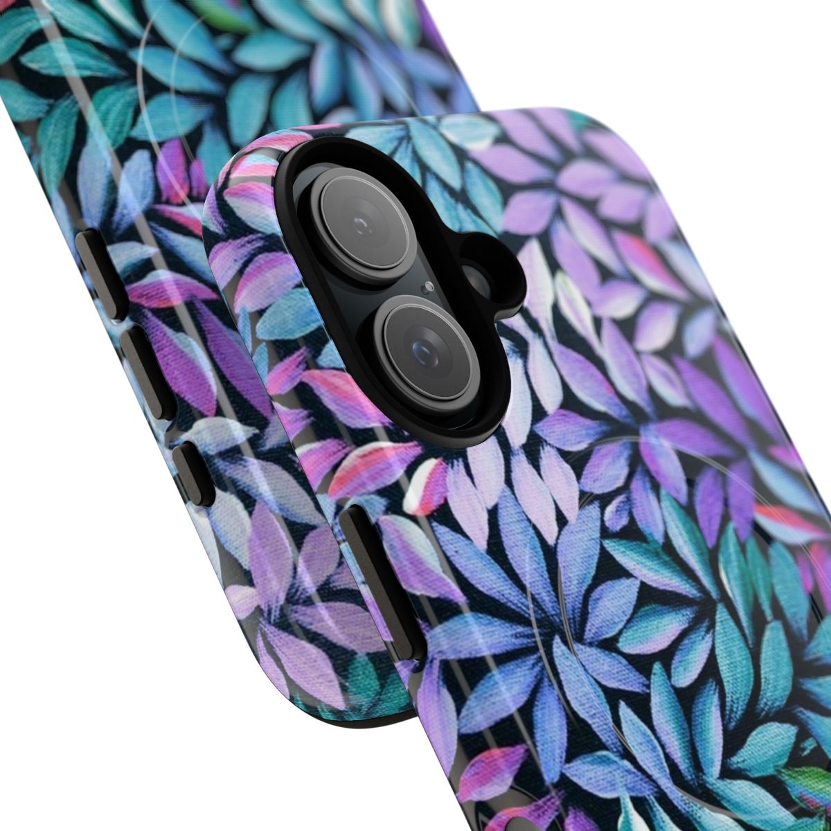 Vibrant pink and blue aboriginal-inspired phone case with emu feathers - Detail