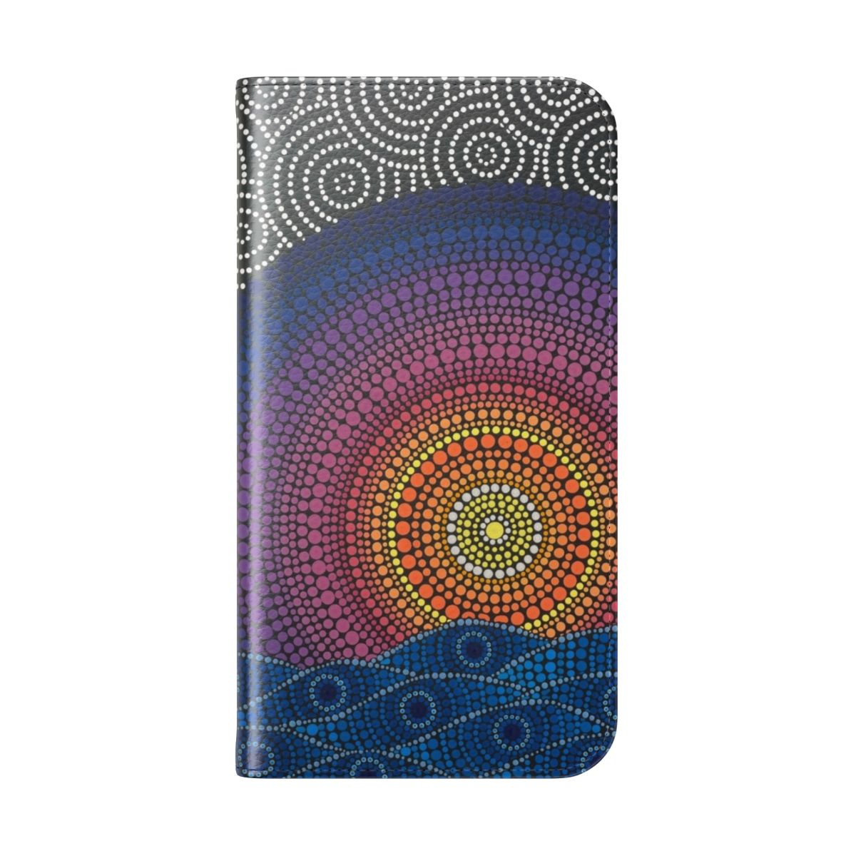 Flip phone case featuring a serene aboriginal-inspired artwork with a sunset, ocean, and beach scene. - Folded Back