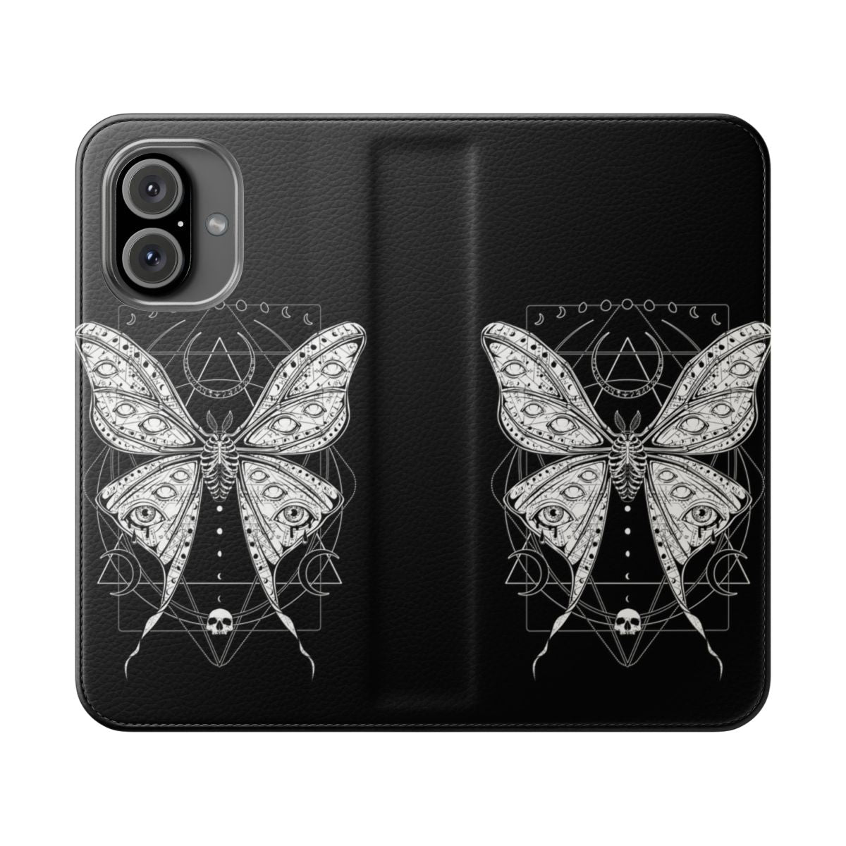 Artistic phone case featuring a detailed macabre luna moth design in a dark academia aesthetic.