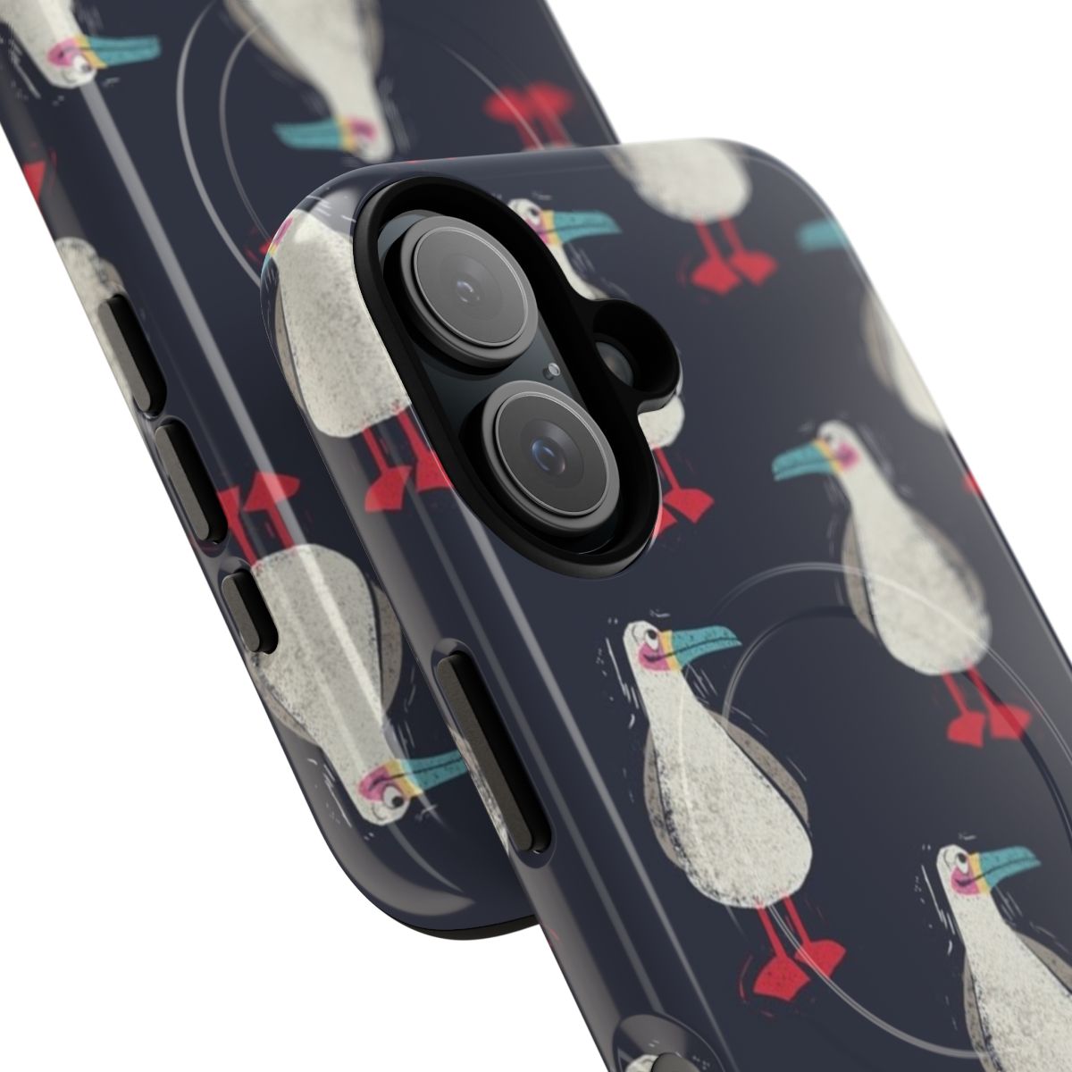 Closeup of a seagull phone case with a linoprint-style design - Detail