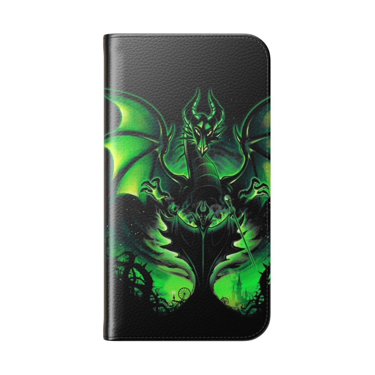 Flip cover phone case with a dark, gothic design inspired by the Disney villain Maleficent and the fantasy tale of Sleeping Beauty. - Folded Back