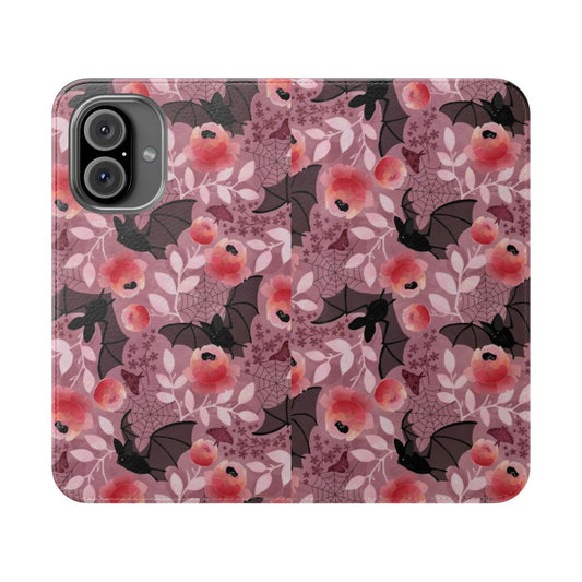 Pastel pink, black, and floral phone case cover with bat and web design