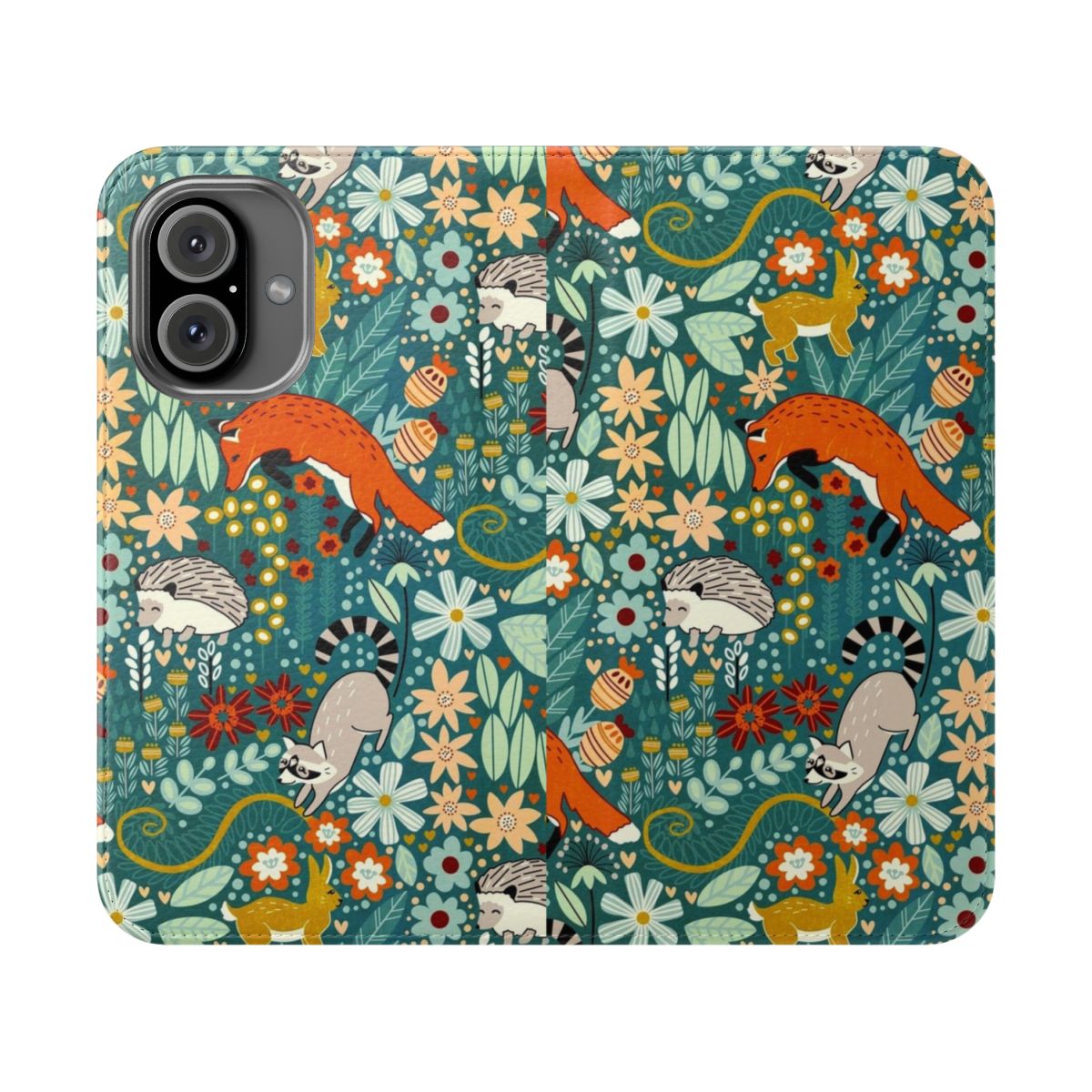 Textured phone case with a hand-drawn woodland pattern featuring foxes, raccoons, rabbits, and flowers