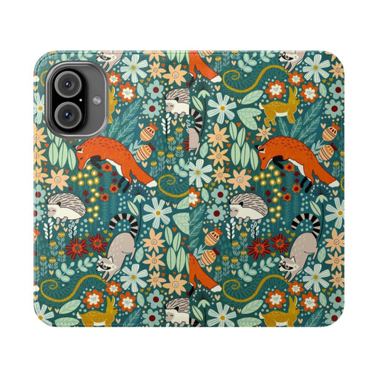 Textured phone case with a hand-drawn woodland pattern featuring foxes, raccoons, rabbits, and flowers