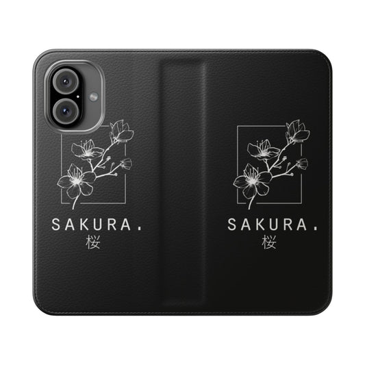 Black phone case with delicate cherry blossom (sakura) floral design