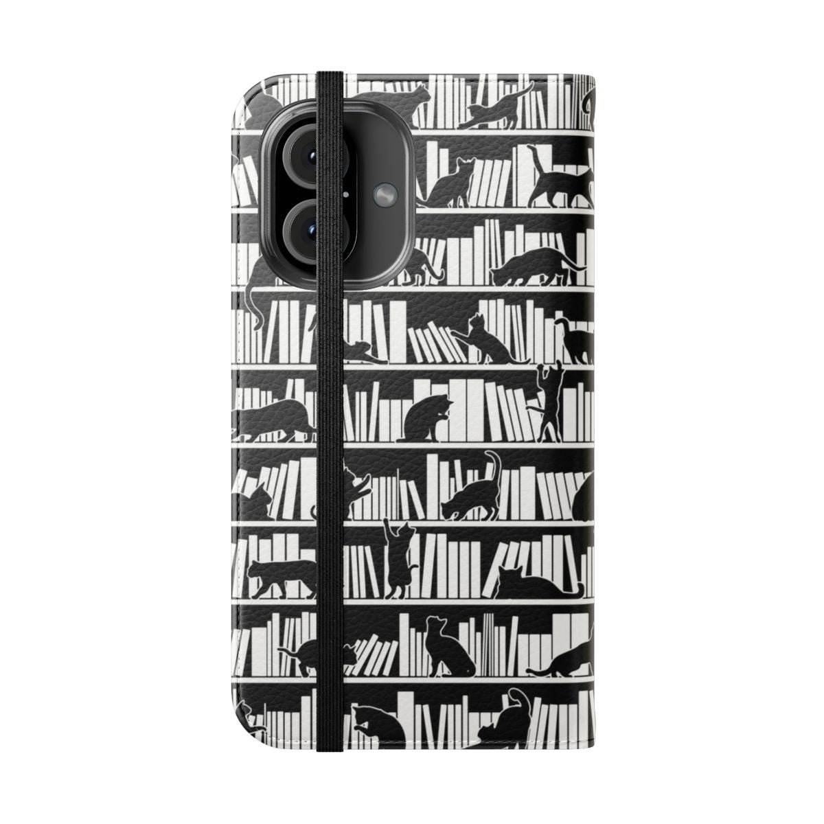 Bookish phone case with a pattern design featuring books and cats - Folded Front