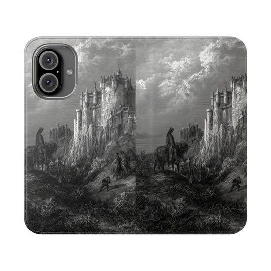 Artistic flip cover phone case featuring dark fantasy landscape inspired by Gustave Dore's illustrations for the literary classic Idylls of the King.