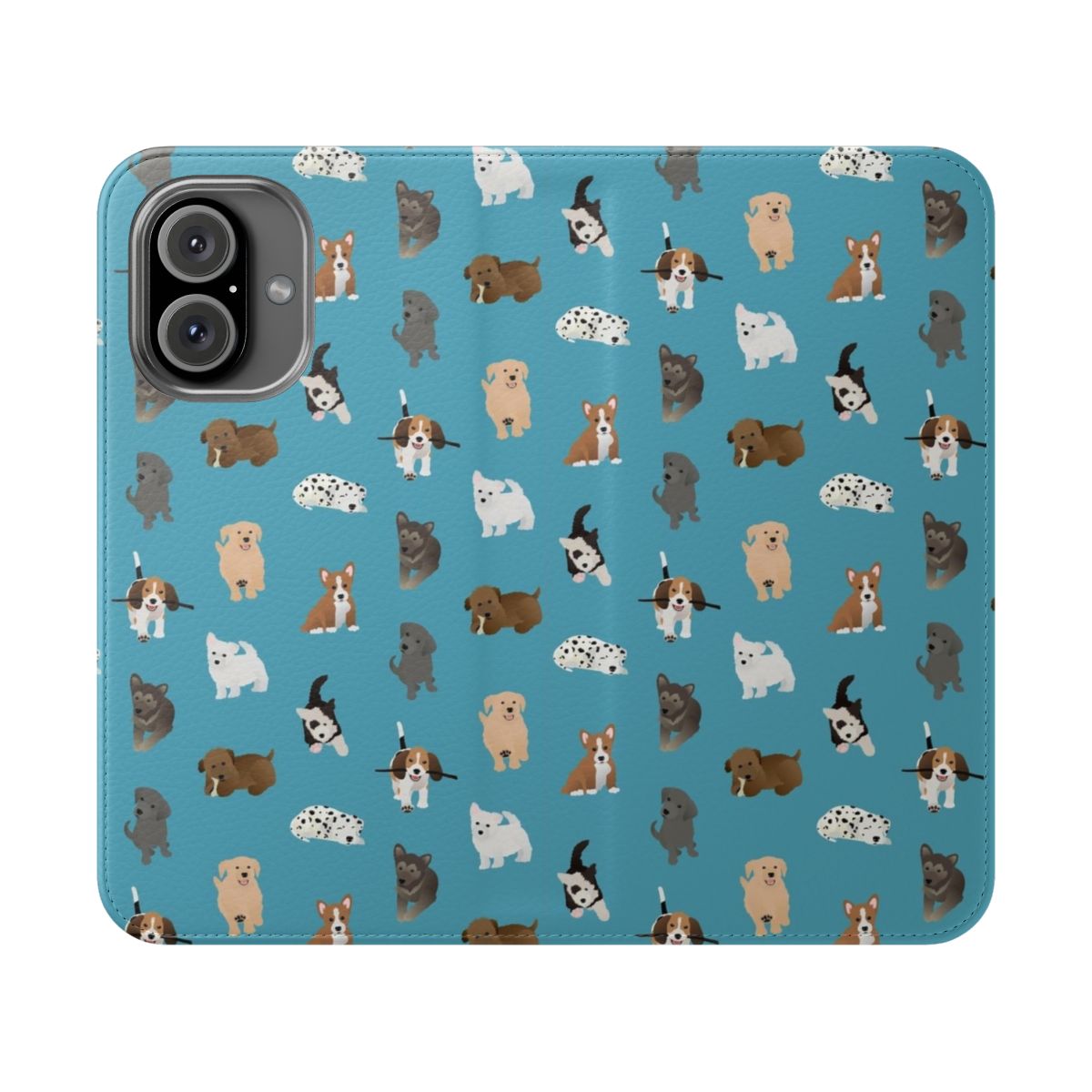 Flip cover phone case with a cute puppy pattern design