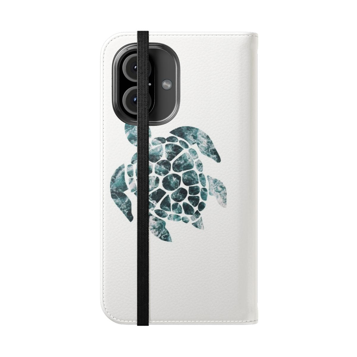 Turquoise ocean waves phone case with a silhouette of a sea turtle - Folded Front