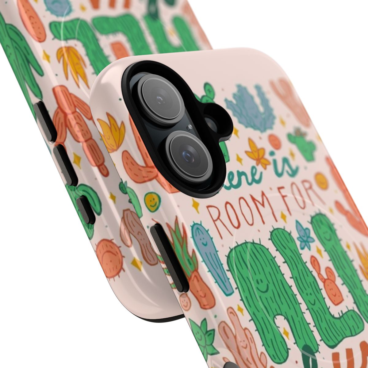 Vibrant phone case with a desert-themed botanical design featuring cacti, succulents, and other desert plants. - Detail