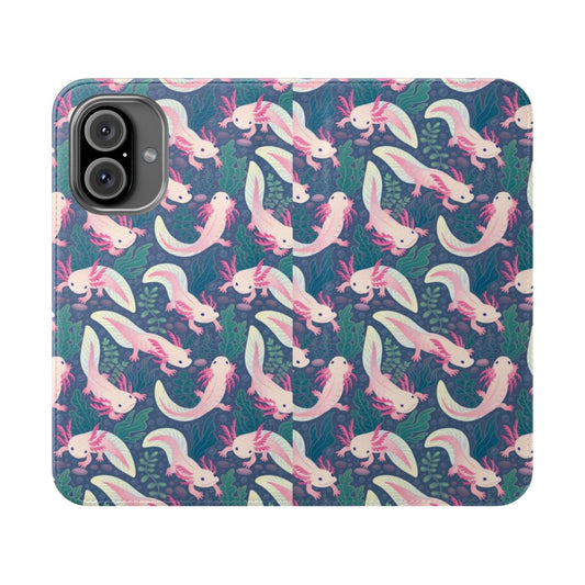 Colorful phone case featuring a bold, eye-catching design of a leucistic axolotl or Mexican salamander.