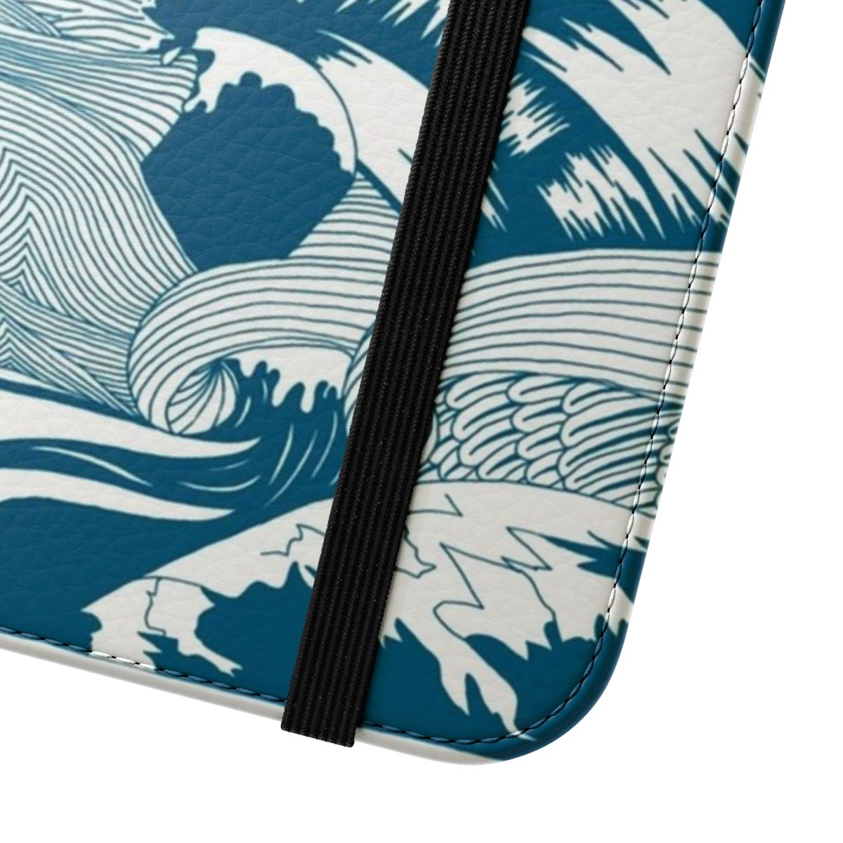 A blue and turquoise phone case with a dynamic wave pattern, evoking the beauty of the ocean. - Close Up