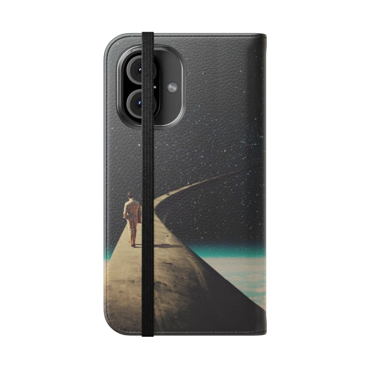 Vintage-inspired collage design phone case with a man walking on a surreal, starry road - Folded Front