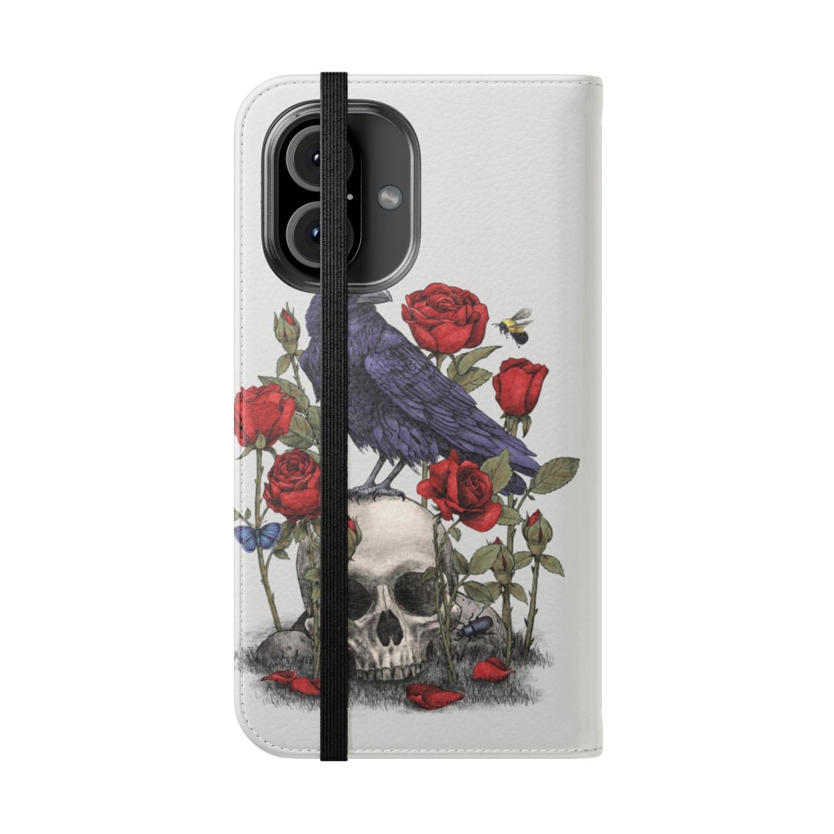 A dark, gothic-style phone case featuring a raven, skull, and floral design. - Folded Front