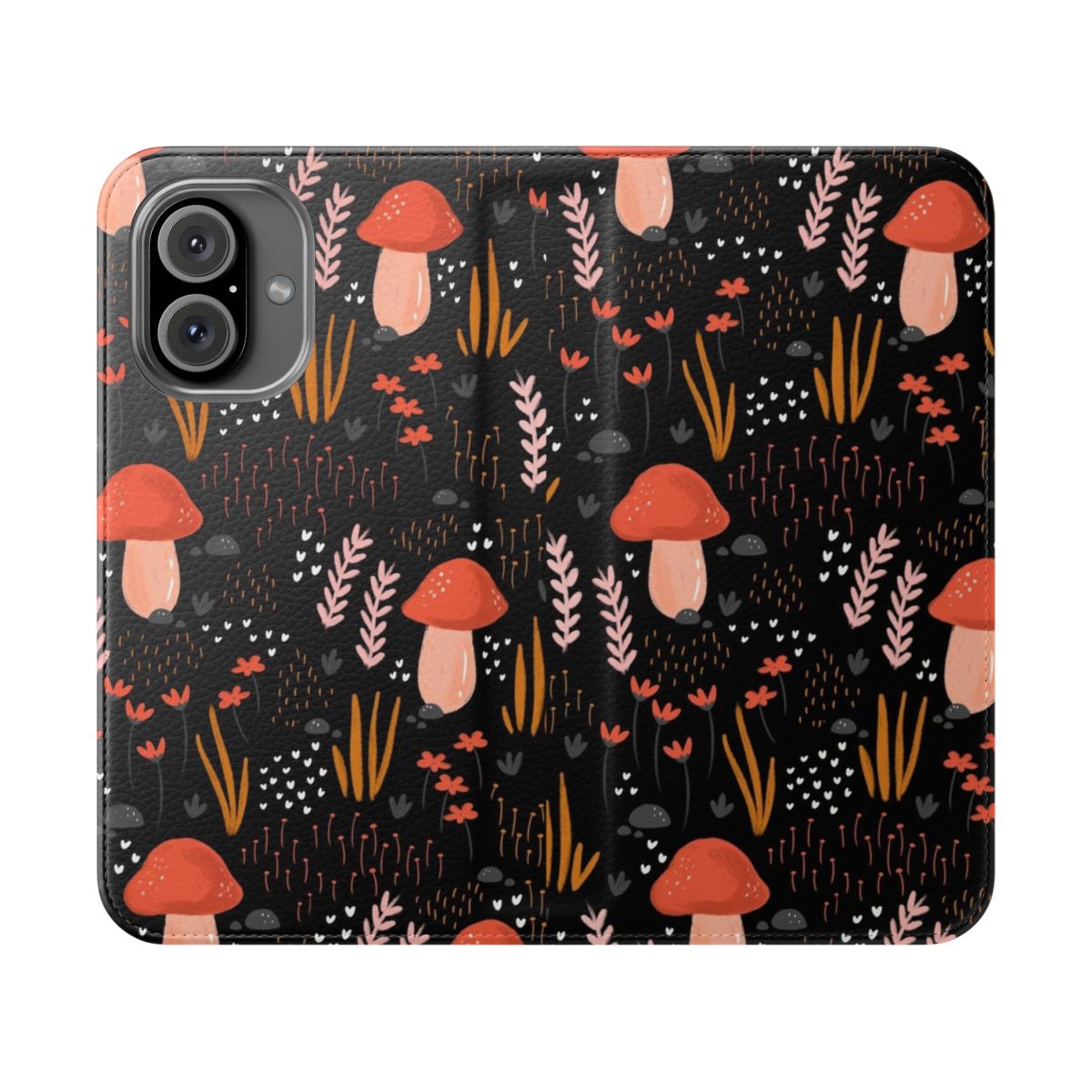 Whimsical fairy garden-themed phone case featuring colorful flowers, plants, and a magical night sky design.