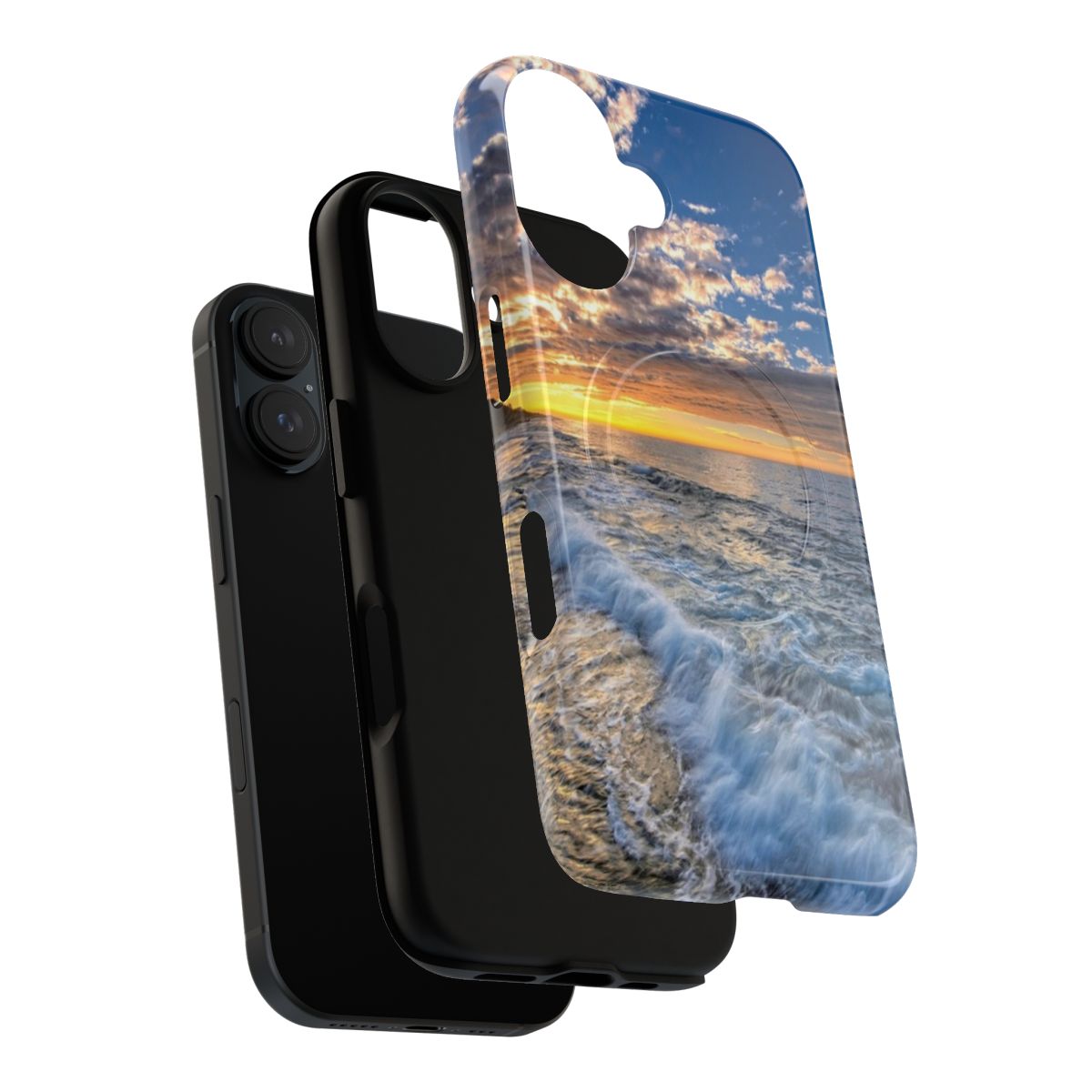 Vibrant seascape artwork featuring ocean waves, beach, and sunset on a magnetic phone case. - Layers