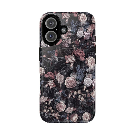 Detailed floral pattern phone case with muted poppy, peony, rose and tulip flowers