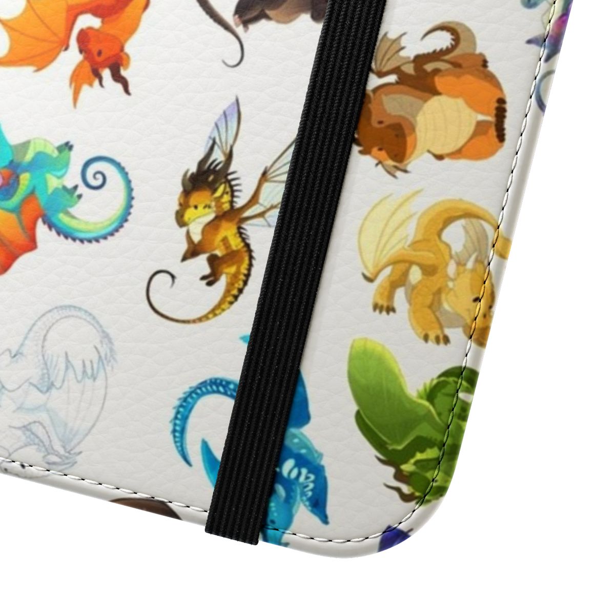 Whimsical flip cover phone case featuring a colorful Wings of Fire dragon design - Close Up