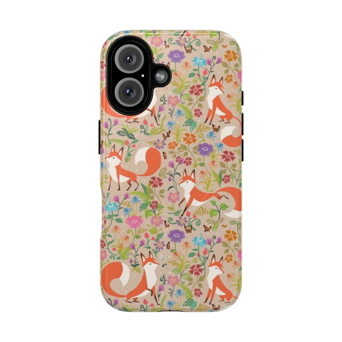 Colorful floral foxes pattern on a protective phone case