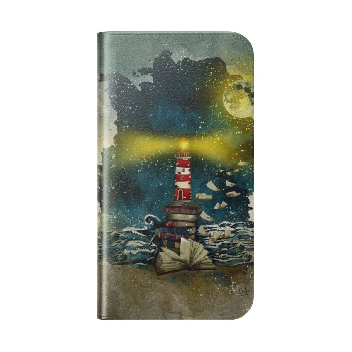 Flip phone case featuring a scenic ocean and night sky design with a lighthouse and books - Folded Back