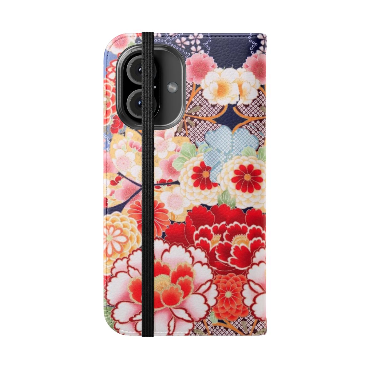 Antique Japanese-inspired floral phone case with pink, white, and blue wild roses and chrysanthemums in a vintage kimono style pattern. - Folded Front