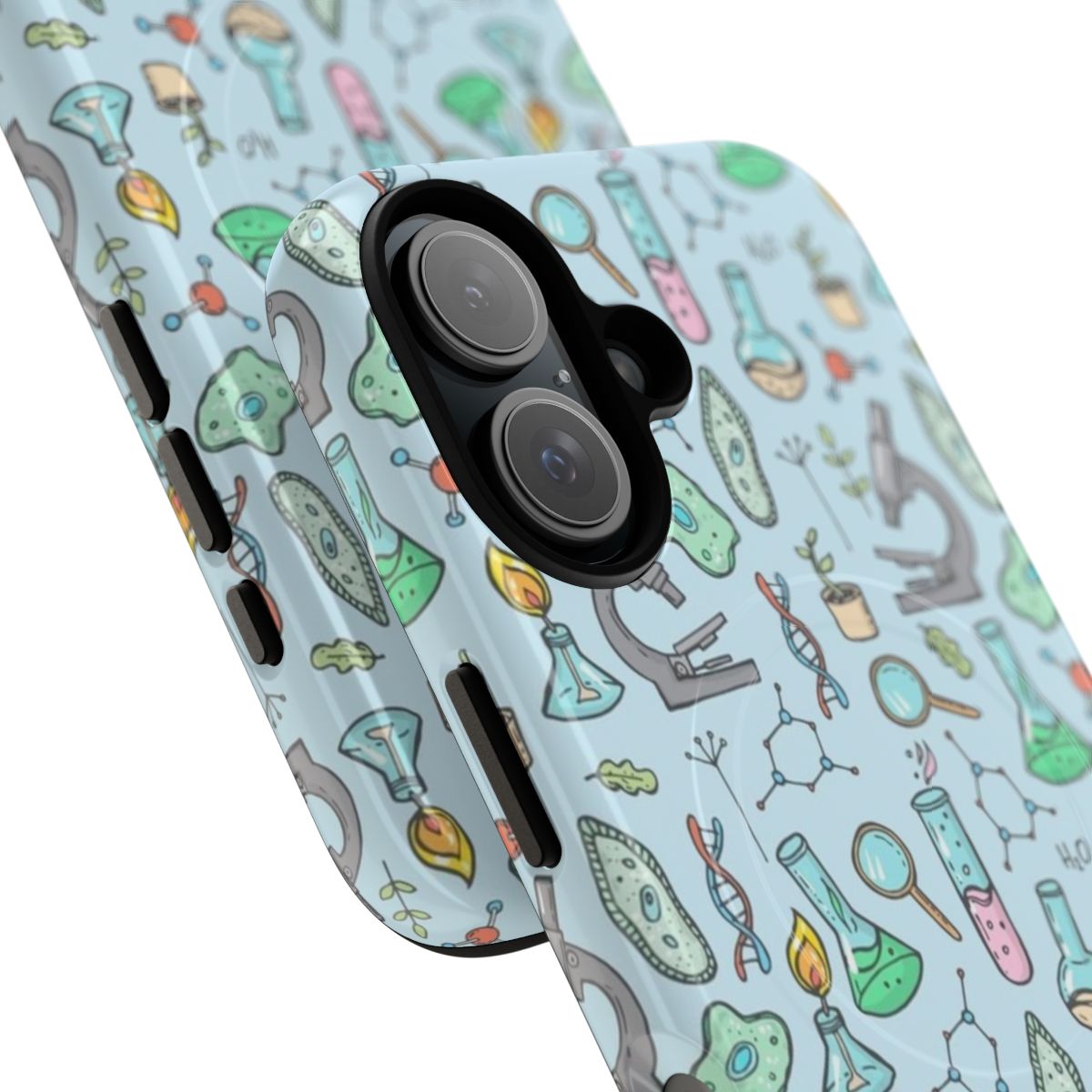 Magnetic phone case with science-themed design featuring microscope, DNA, and other biology and chemistry elements - Detail