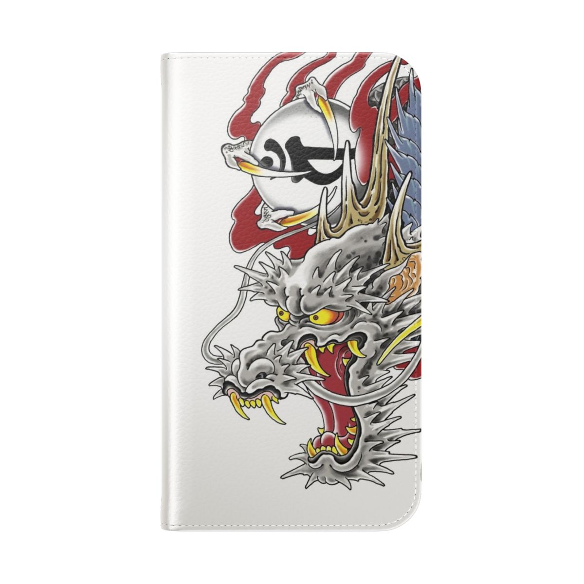 Horizontal flip cover phone case featuring a Yakuza-inspired tattoo design, including the iconic "Hanya" mask and Kazuma Kiryu's dragon tattoo. - Folded Back