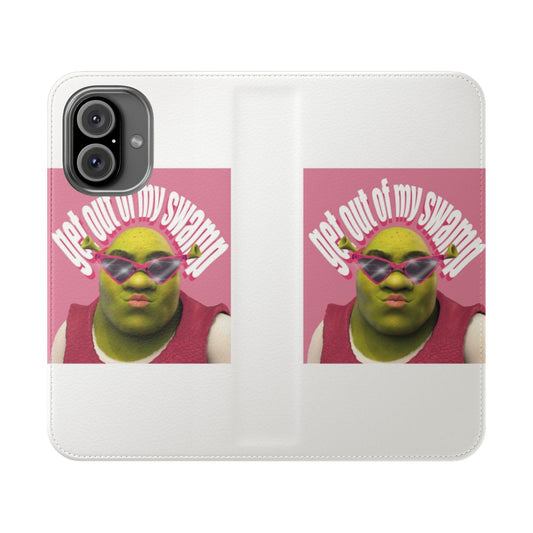 Shrek-inspired pink flip cover phone case with "Get Out of My Swamp" sticker