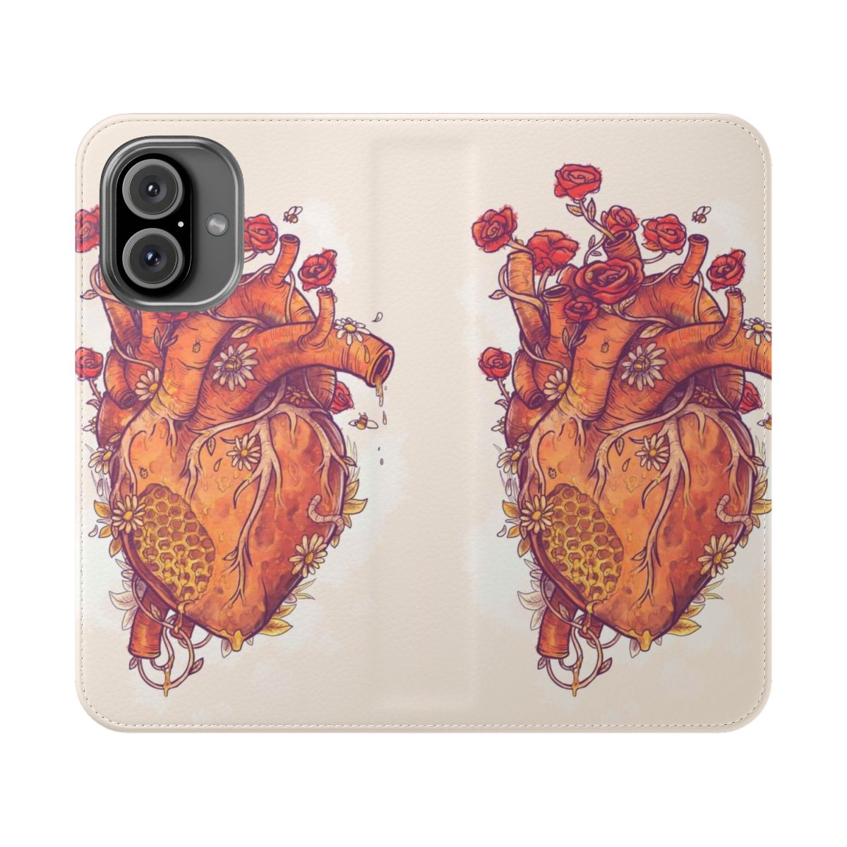 A heart-shaped phone case adorned with delicate floral designs and a touch of whimsy.